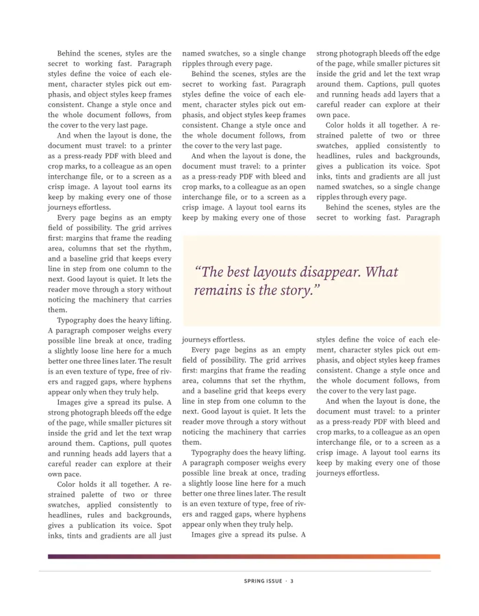 Three columns of justified, hyphenated text wrapping around a shaded pull quote