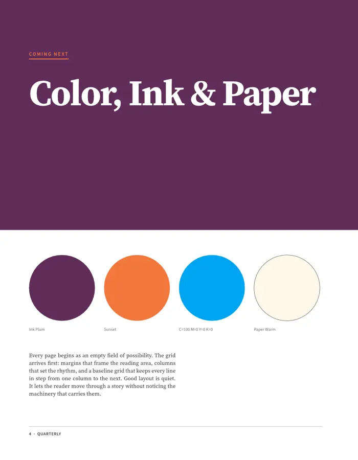 A plum page with four swatch circles labelled with named colours and a CMYK process swatch
