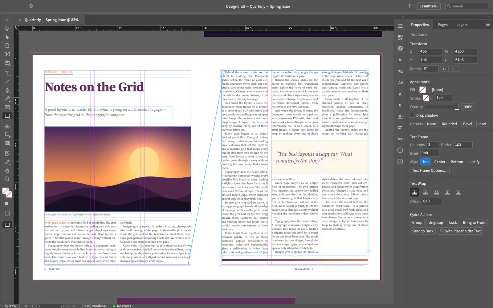 DesignCraft showing a magazine spread with a threaded three-column story selected, the Control panel and the Properties panel