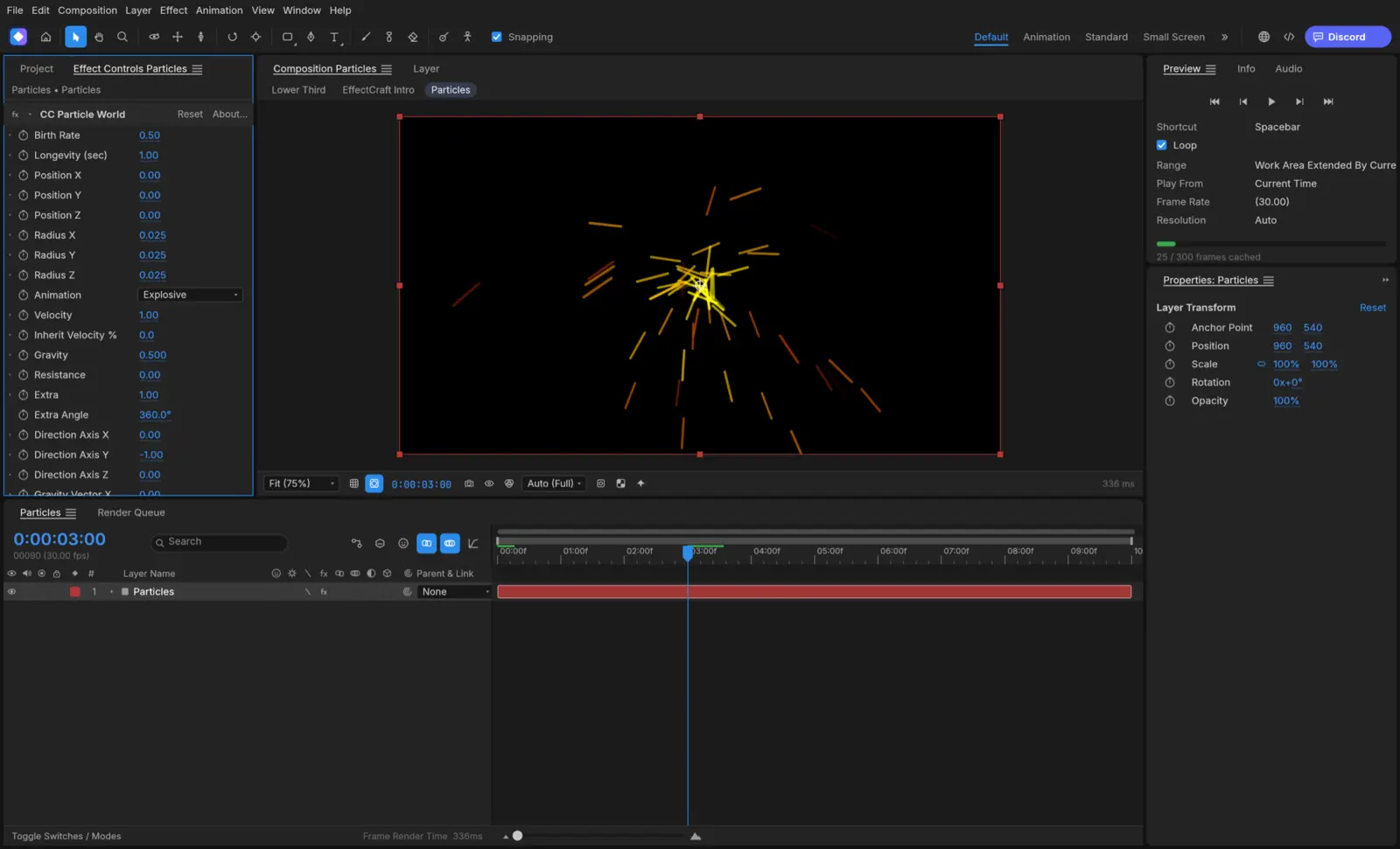 A CC Particle World burst with Glow, and Effect Controls listing the particle system parameters