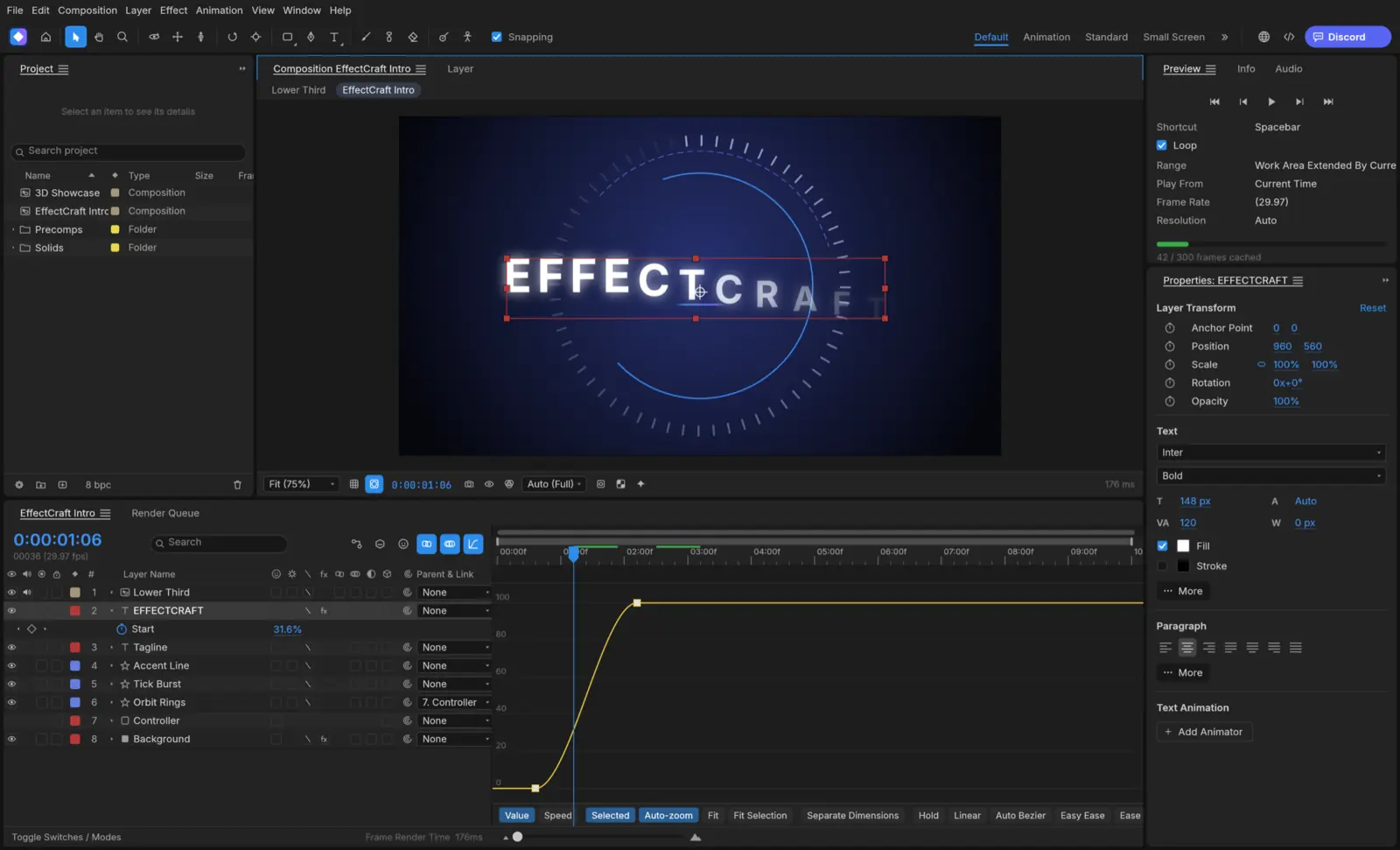 The Graph Editor showing an eased value curve with buttons for hold, linear, auto Bezier and Easy Ease