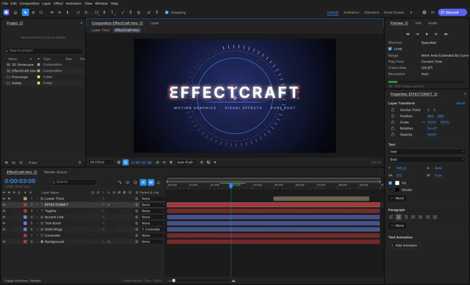 EffectCraft main window with an animated title composition, the Project panel, the Timeline and the Properties panel