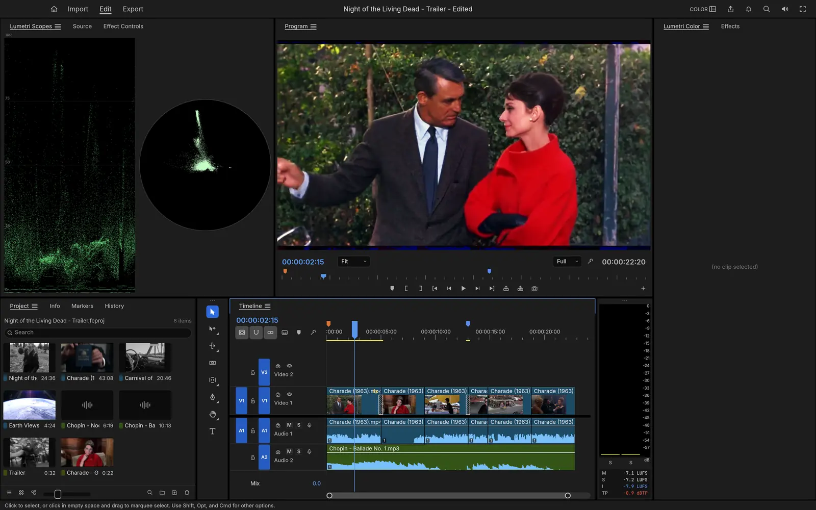 Color workspace on Charade (1963) with waveform and vectorscope beside the Program monitor