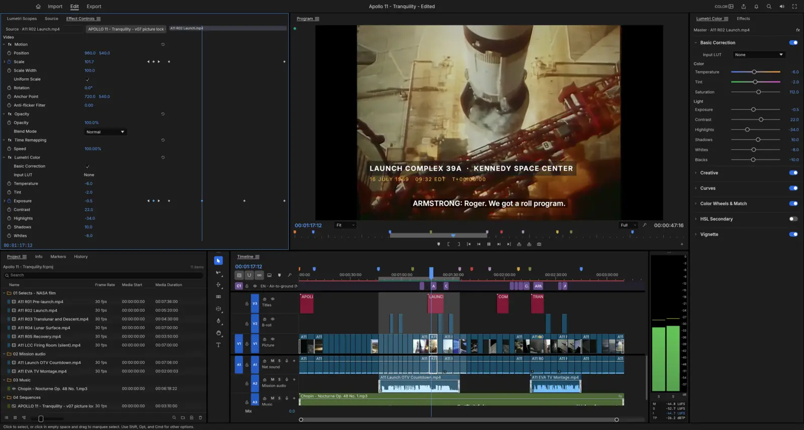 FilmCraft in the Color workspace editing an Apollo 11 documentary from NASA footage, with the Lumetri Color panel, Effect Controls and a multi-track timeline