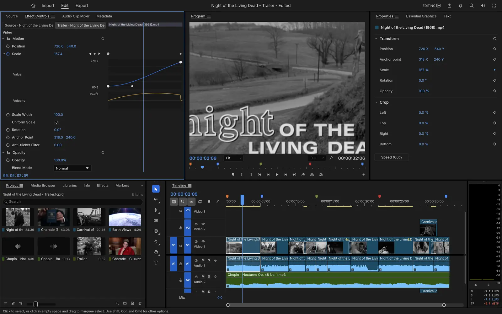 Effect Controls with value and velocity graphs of an eased Scale keyframe on a title card