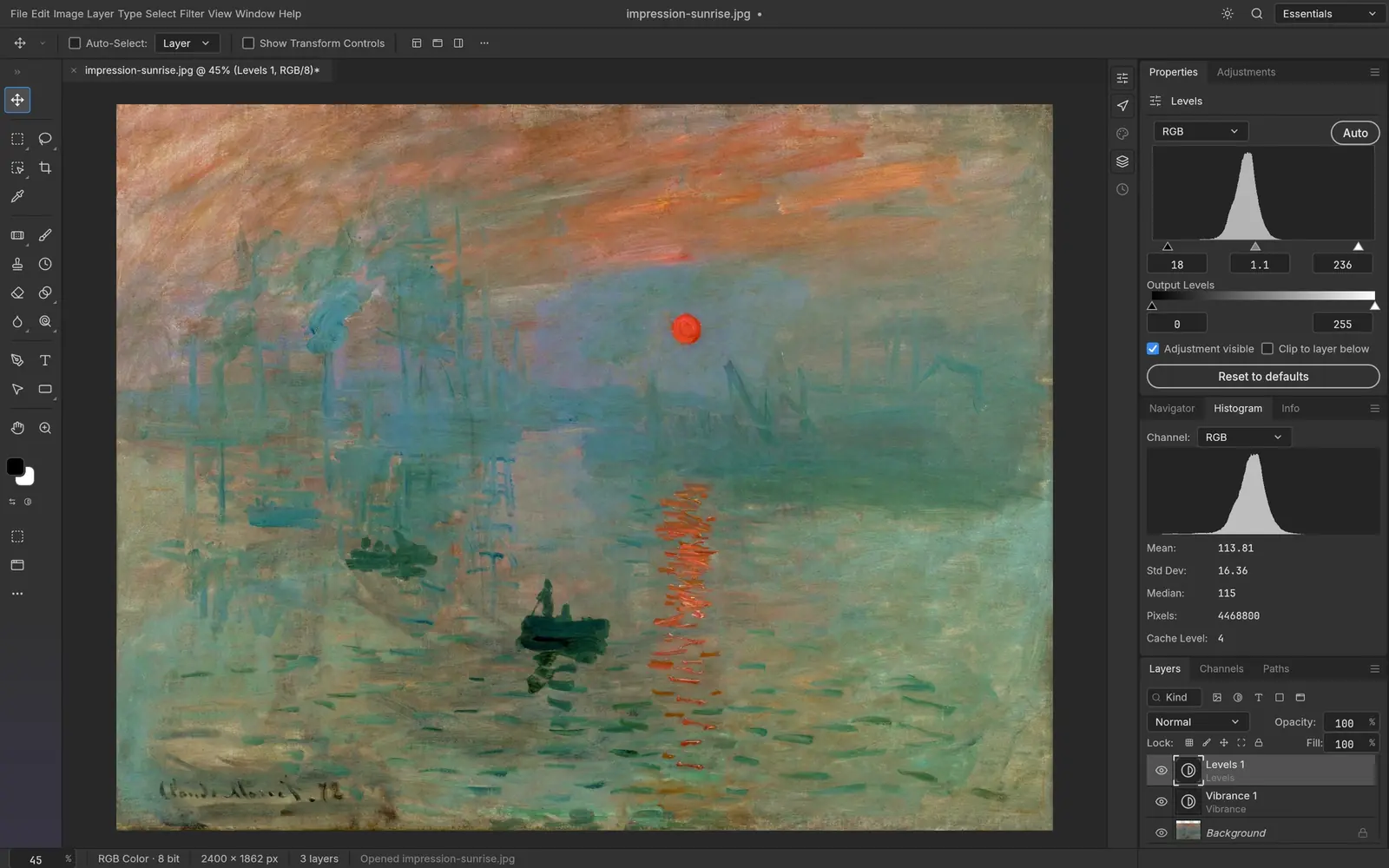 Monet’s Impression, Sunrise with Levels and Vibrance adjustment layers and the Histogram panel open