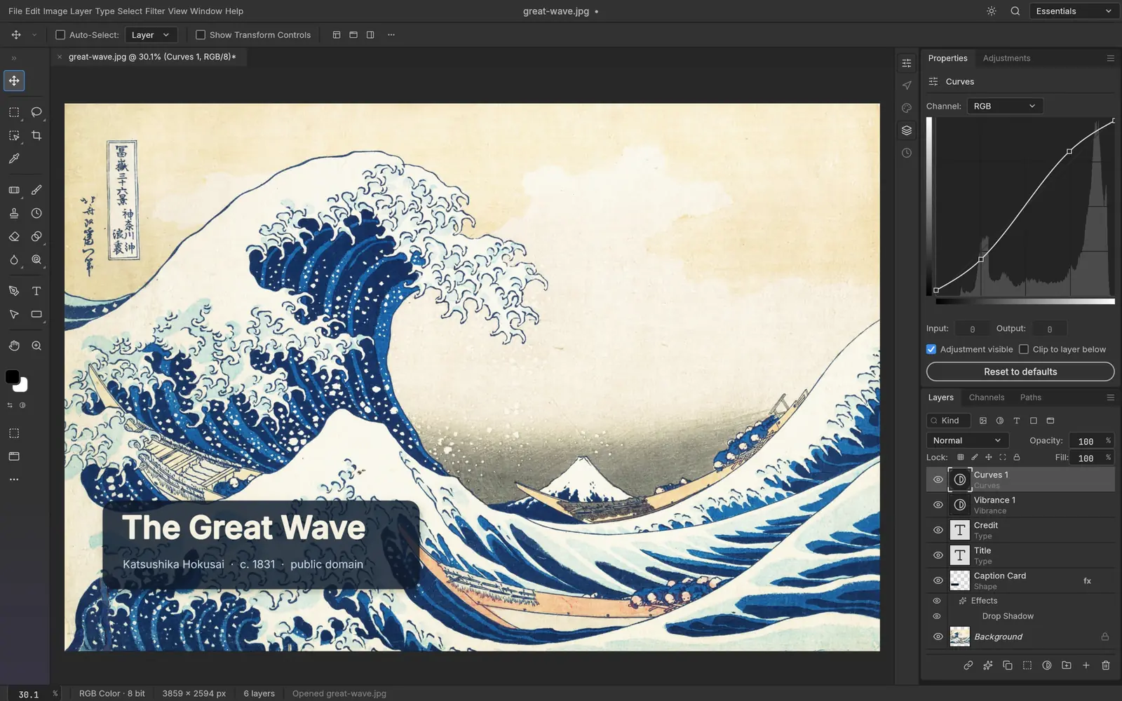 PhotoCraft editing Hokusai’s The Great Wave: a caption card with a drop shadow, Title and Credit type layers, Vibrance and Curves adjustment layers, and the Curves editor over the histogram