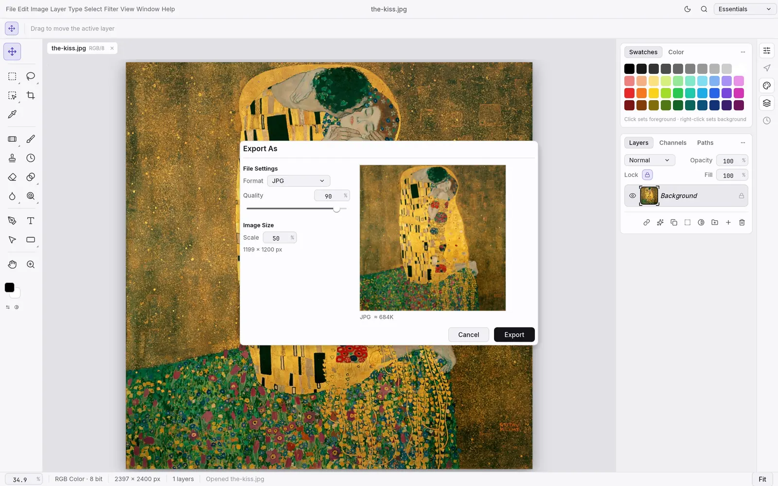 The Export As dialog in the light theme over Klimt’s The Kiss with JPG quality and size estimate
