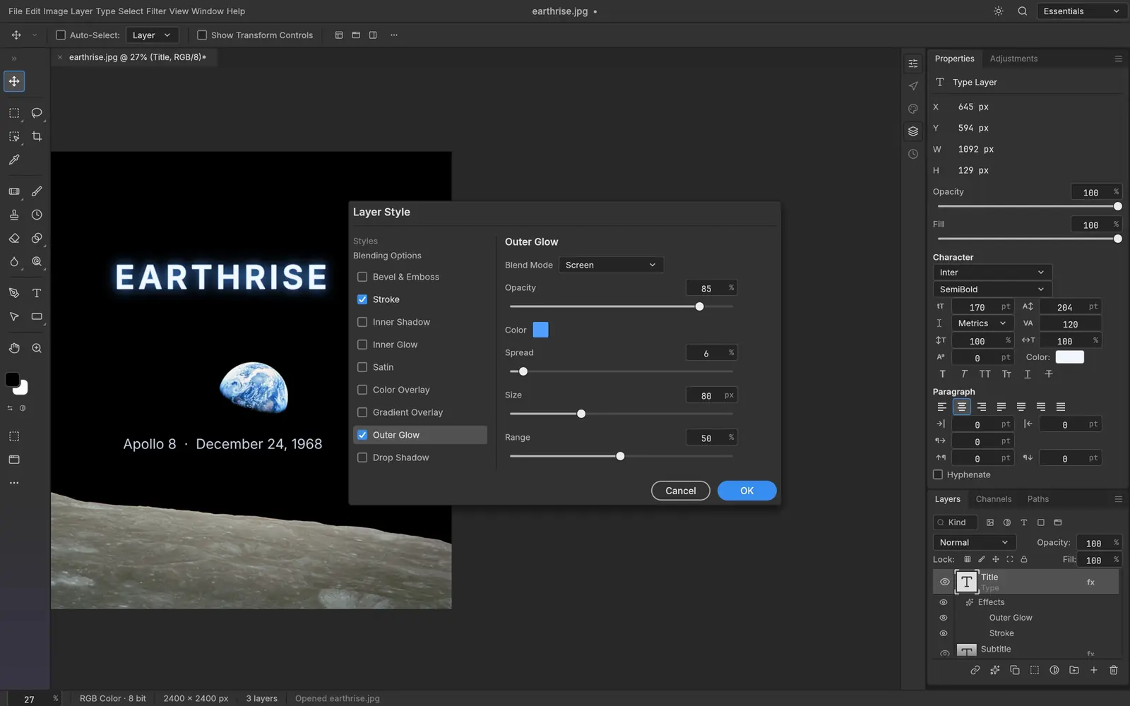 The Layer Style dialog editing an Outer Glow and Stroke on the EARTHRISE type layer