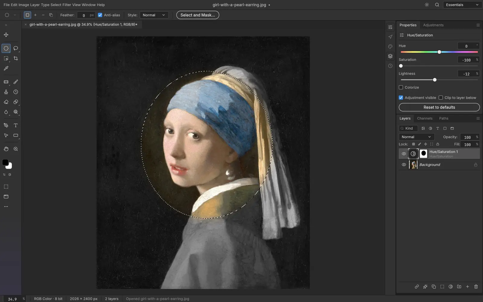 Vermeer’s Girl with a Pearl Earring with an elliptical mask on a Hue/Saturation layer that turns everything outside the face gray