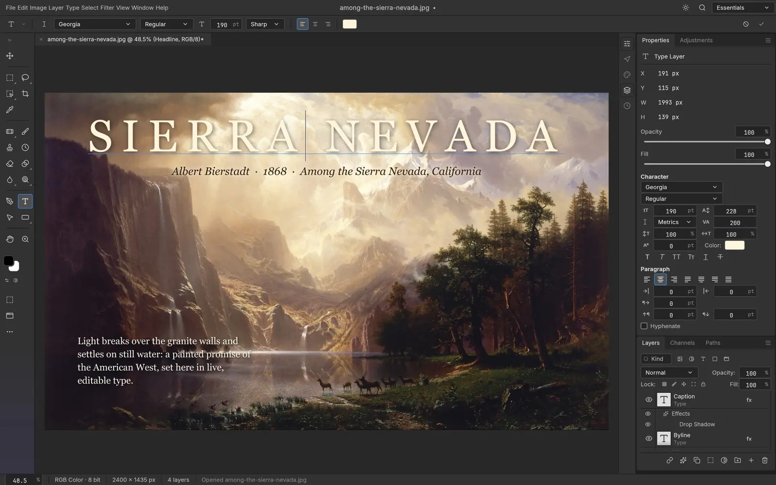 A headline being edited on the canvas over Bierstadt’s Among the Sierra Nevada, with Character and Paragraph controls open