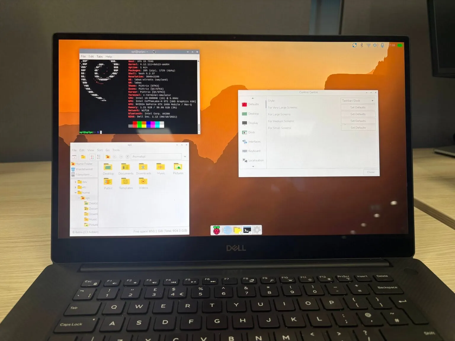 Raspberry Pi Desktop Control Centre with Taskbar and Dock style options on a Dell XPS 15 laptop, next to a terminal and the file manager on the labwc Wayland session